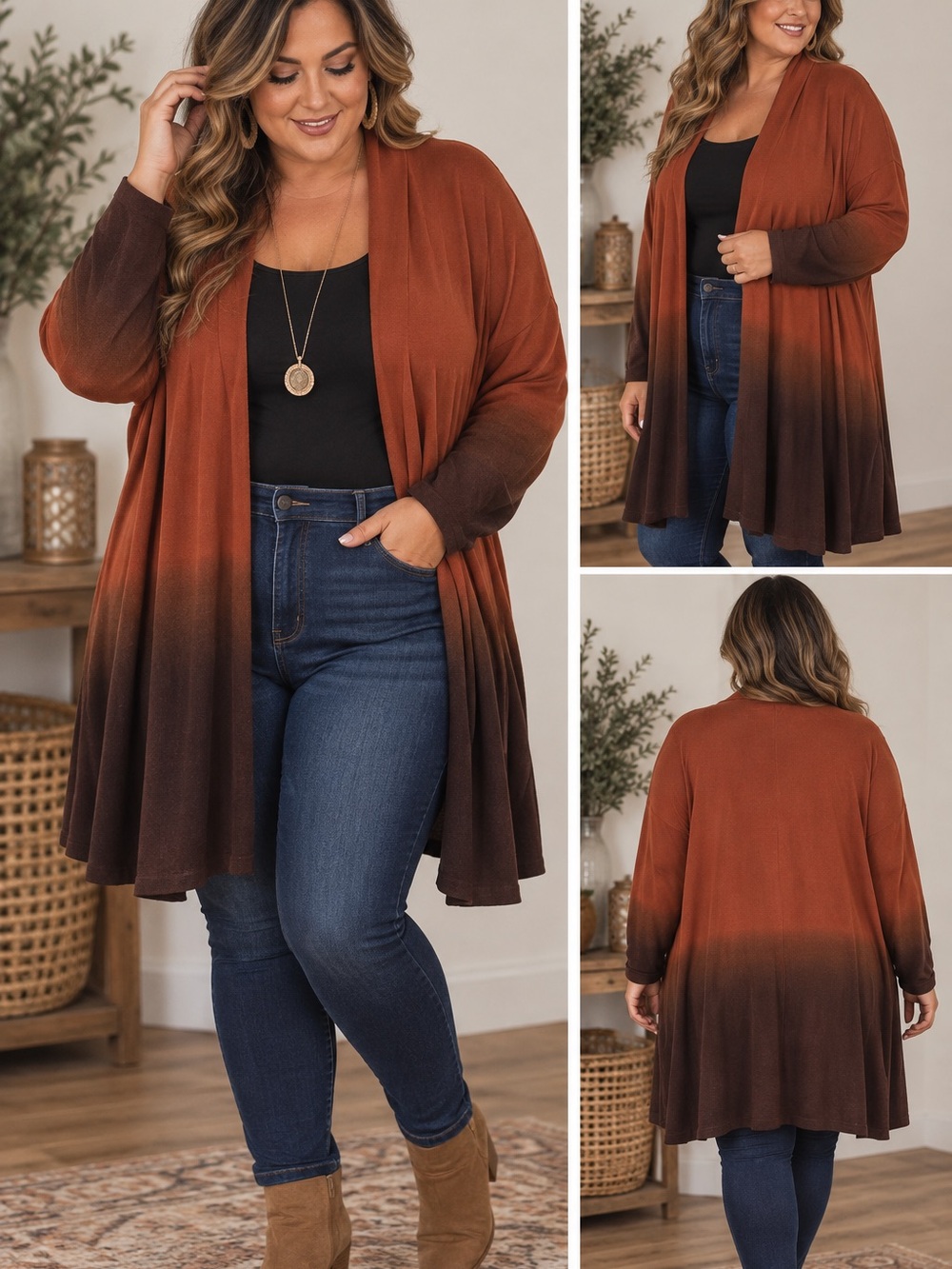 Belle by Kim Gravel Burnt Orange to Dark Brown Ombre Open Cardigan